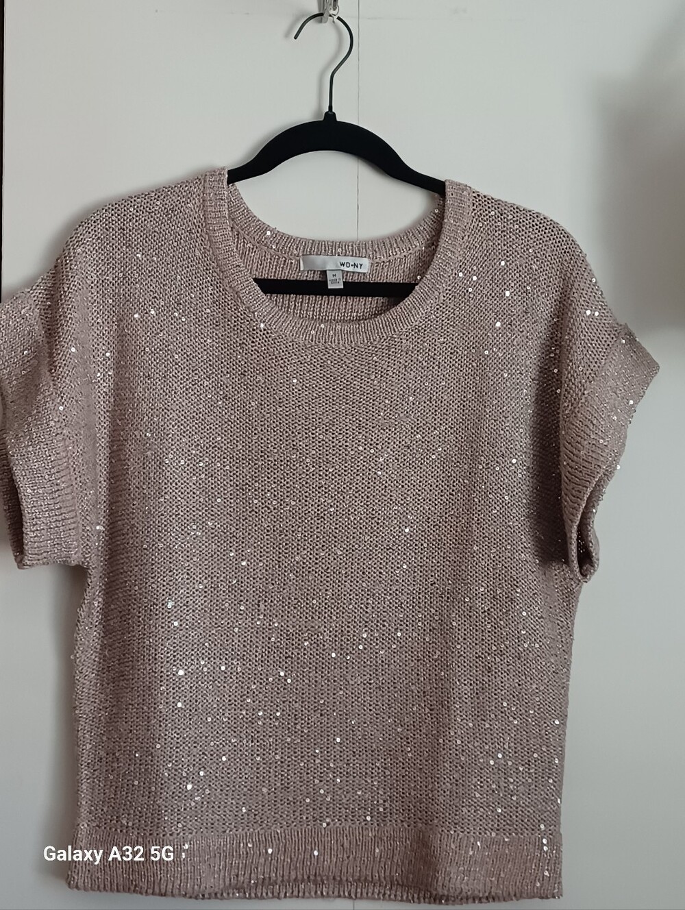 WD-NY Women's Sequined Short Sleeve Sparkling Blush Sweater Size M